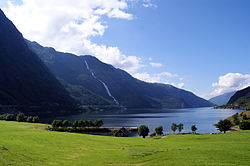 View of the Åkrafjorden and the Langfossen waterfall